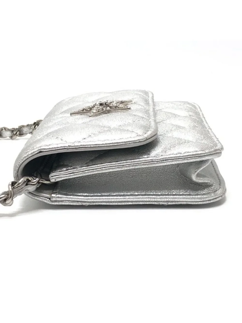 Chanel Shoulder Bag Star Rhinestone Leather Silver